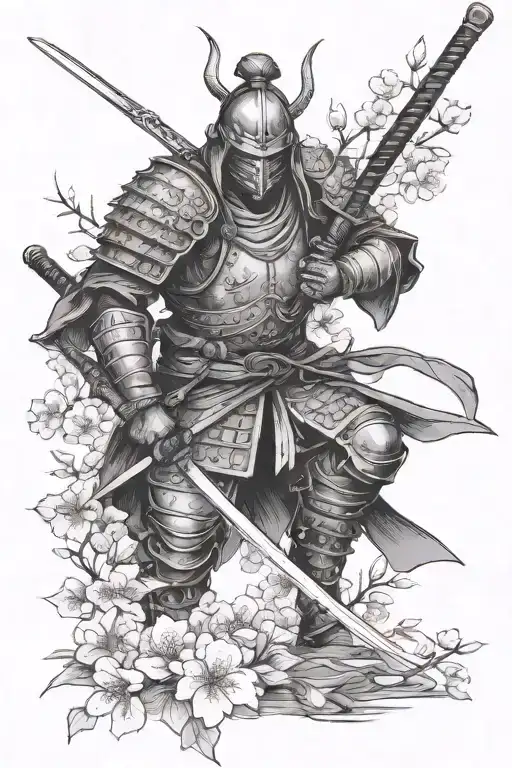 Armored Ronin Silhouette And Scattered Cherry Blossom Branches