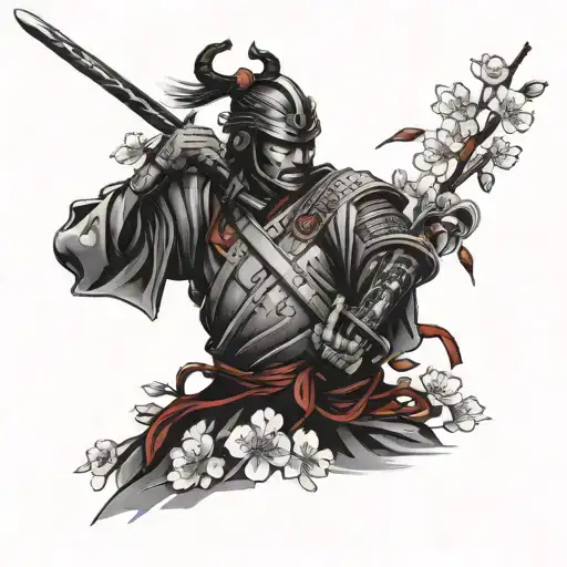 Cherry Blossom Braches With Samurai Silhouette