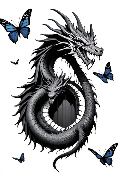 Dragon Guarding Heavens Gate With Butterflies Surrounding It