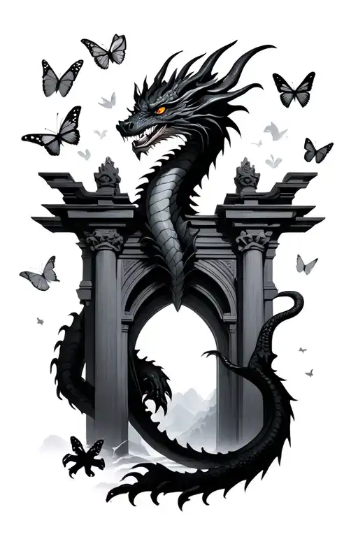 A Western Black Dragon Guarding Heavens Gate With Butterflies Surrounding It