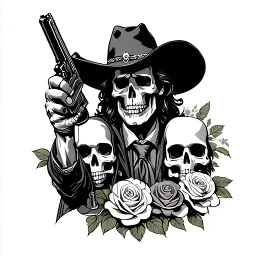 Spanish Mexican Male Cowboy With Guns And Rosses And Female Skeletons