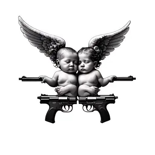 Baby Angel Heads On Top Of Eachother With Guns