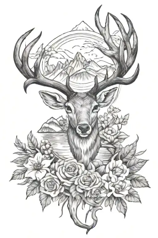 Antlers Surrounded With Flowers With Mountains In The Back With Fishing Lures Around It