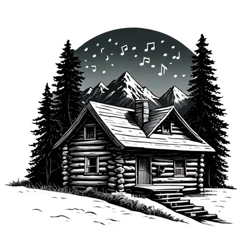 Log Cabin In The Mountains With Music Note Intertwined