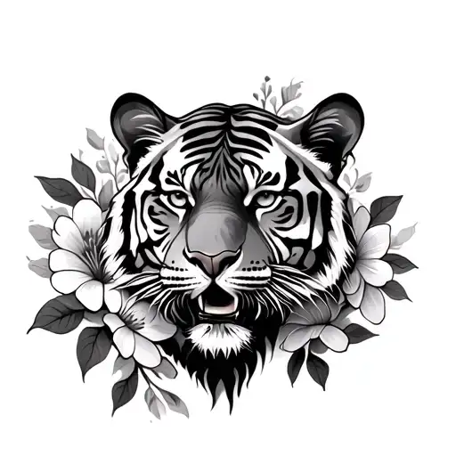 Tiger With Flowers Intertwined