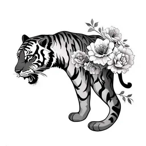 Tiger Full Body With Flowers Intertwined