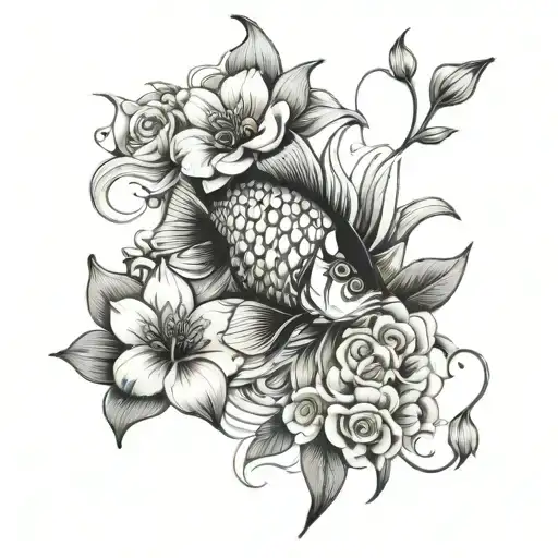 Flowers And Coi Fish
