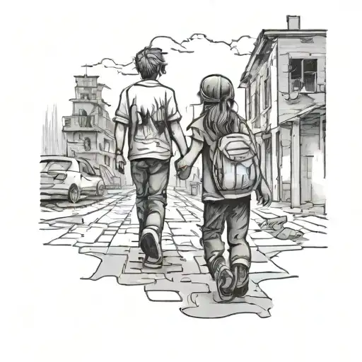 Kids Holding Hands Walking Through A Burned Out City From Far Away