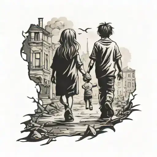 Kids Holding Hands Walking Through A Burned Out City From Far Away
