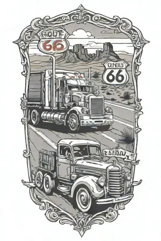 Route 66 Road Leading Regular Truck Parked In Front View