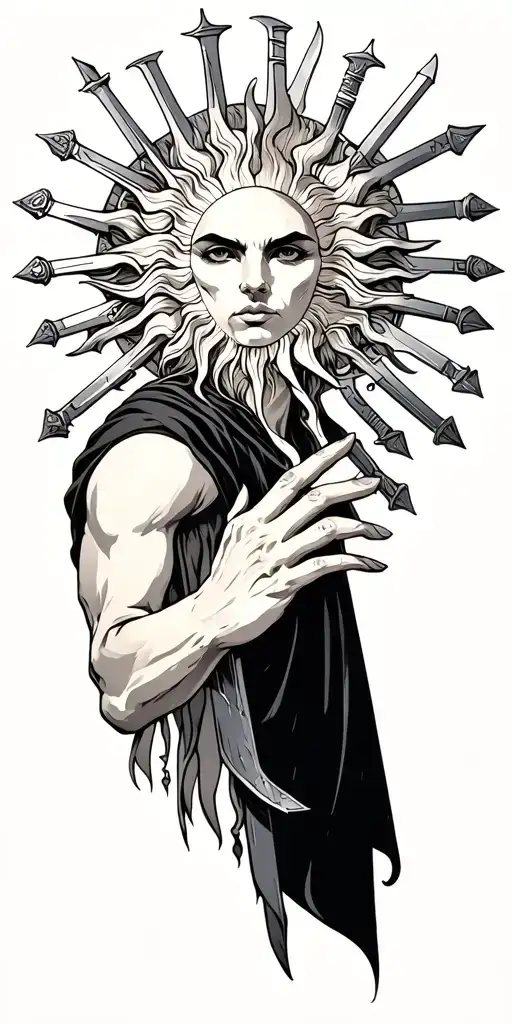 Sun On Shoulder With Many Swords Pointing Towards Hand