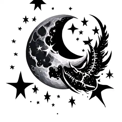 Moon And Stars Spine Tattoo Down The Center Of Back