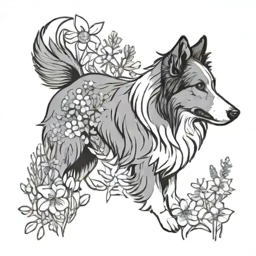 A Simple Line Tattoo Of A Sable Floppy Eared Scotch Collie Surrounded By Wildflowers