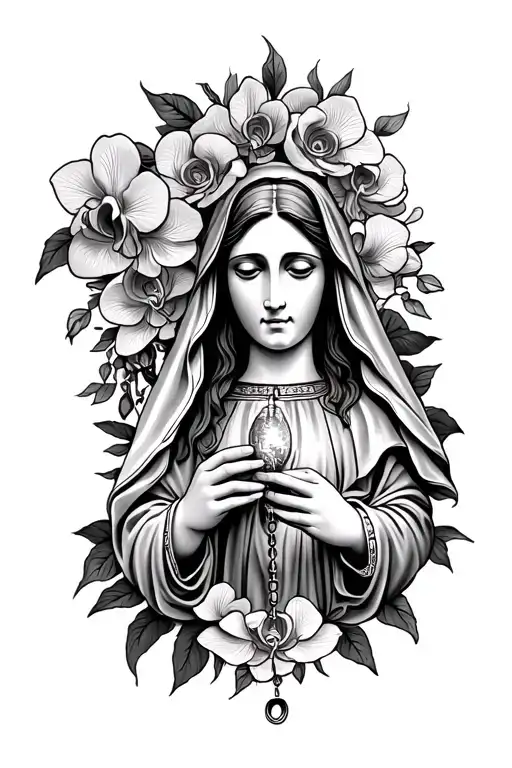 Virgen Mary Holding Rosary With Roses And Orchids Around
