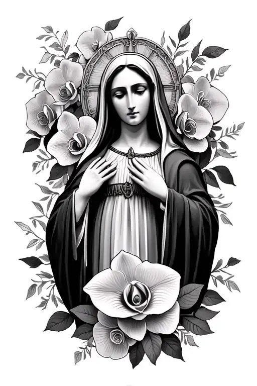 Virgen Mary With Roses And Orchids Around
