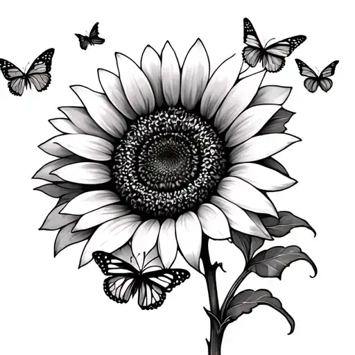 Sunflower With 4 Butterflies And 2 Flying Away