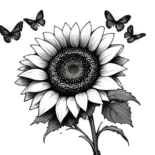 Sunflower With 4 Butterflies