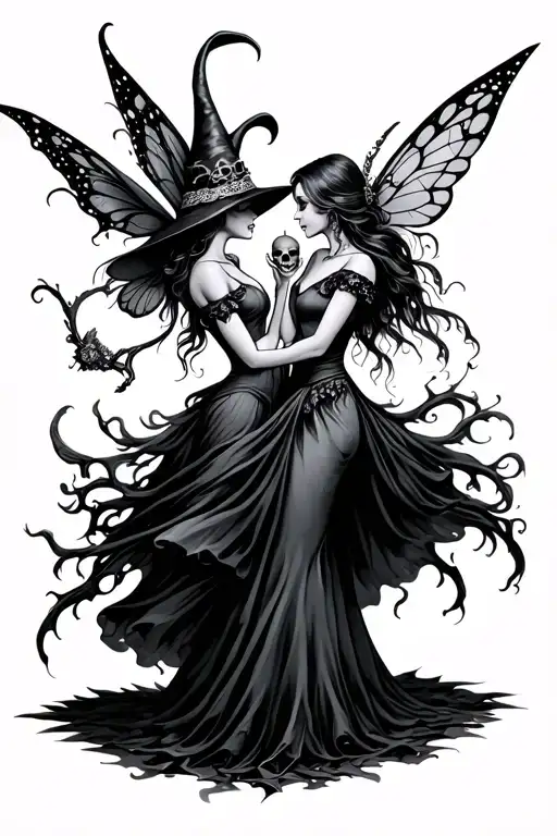 A Fairy And A Witch Dancing Like Skulls Facing Each Other