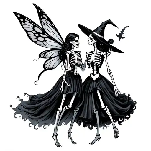 A Fairy And A Witch Dancing Skeleton