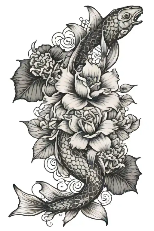 Koi Fish And Roses Mayflowers Hibiscus With Hints Of Blue And Minimal Shading