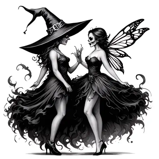 A Witch And A Fairy Dancing Eachother Like Skulls Facing Each Other
