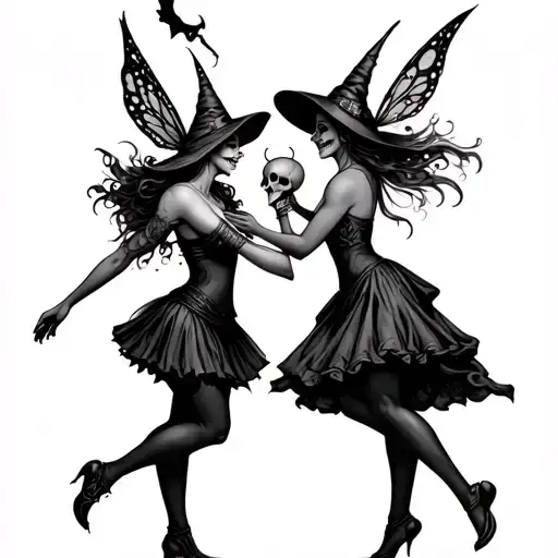 A Fairy And A Witch Dancing Like Skulls Instead