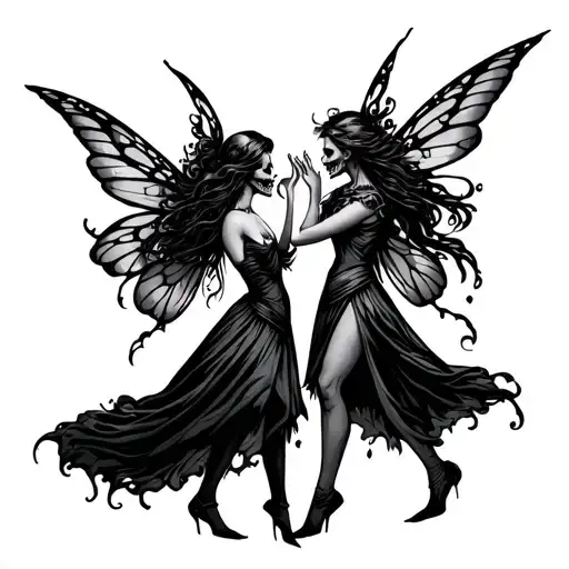 A Fairy Woman And A Witch Dancing Like Skulls Facing Each Other