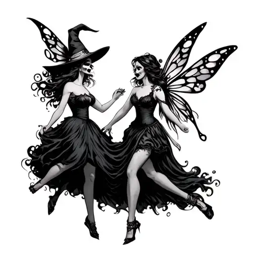 A Fairy Woman And A Witch Woman With A Skull Face Dancing Around