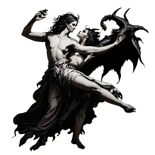 A Demon Dancing With A Saint Woman Holding