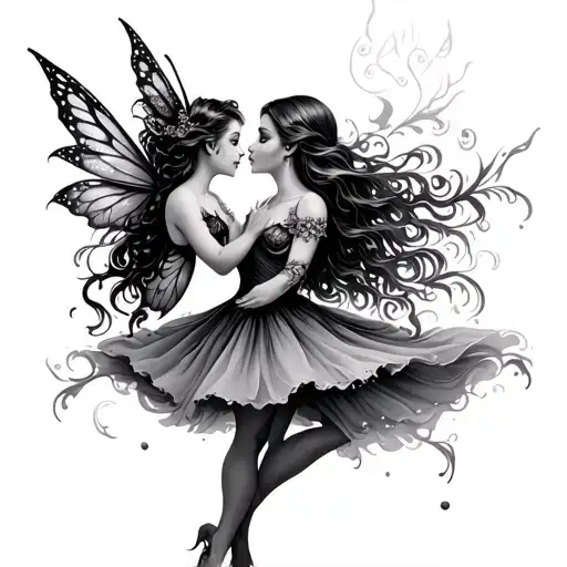 A Fairy Dancing With A Witch Looking Into Her Eyes