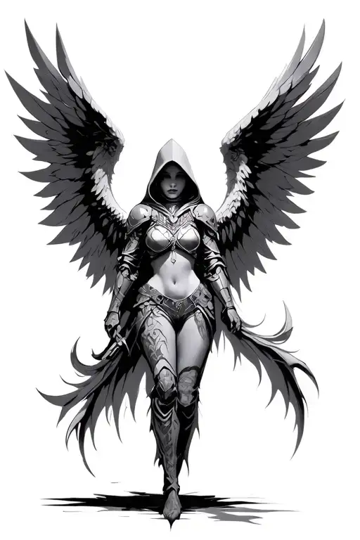 Angel With Tribal Cyber Wings With Armor And A Hood
