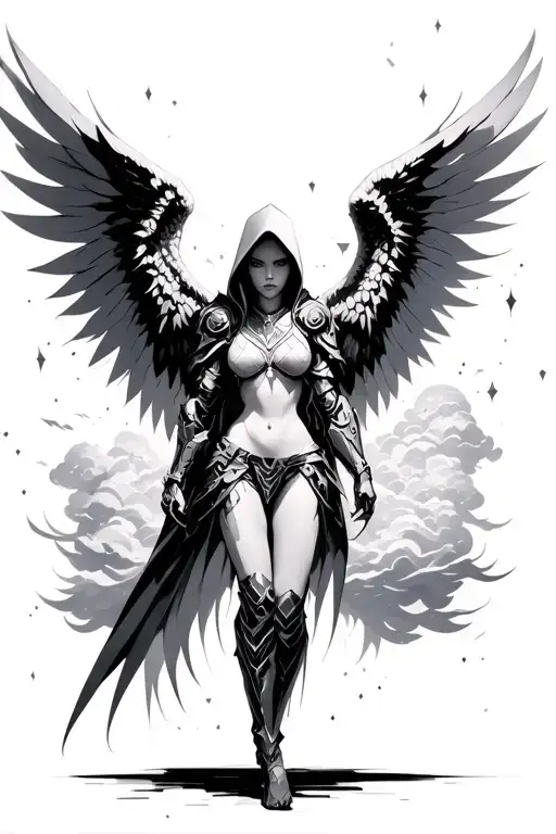 Angel With Tribal Cyber Wings With Armor And A Hood Behind Her Some Cyber Tribal Geometric Clouds