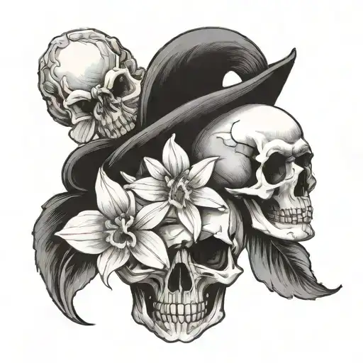 Black And Grey Skull And Daffodils