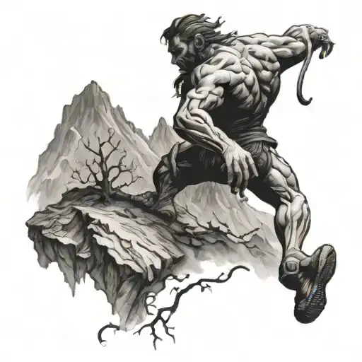 Man Escaping Hell By Climbing Up Mountain Demonic