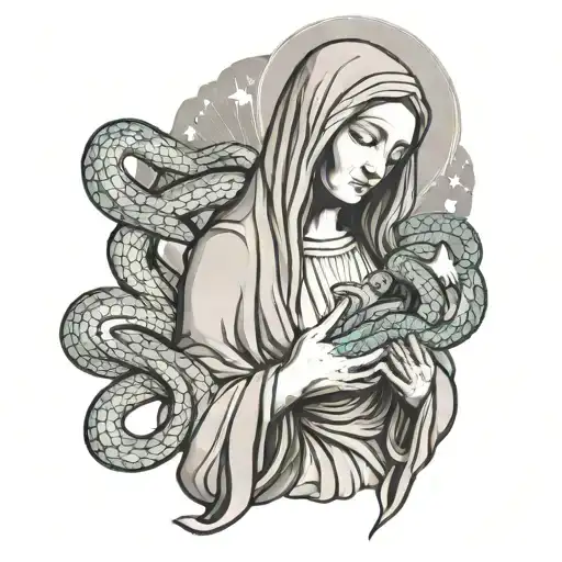Virgin Mary Holding Bible With Snake Wrapped Around Cloud Background And Stars