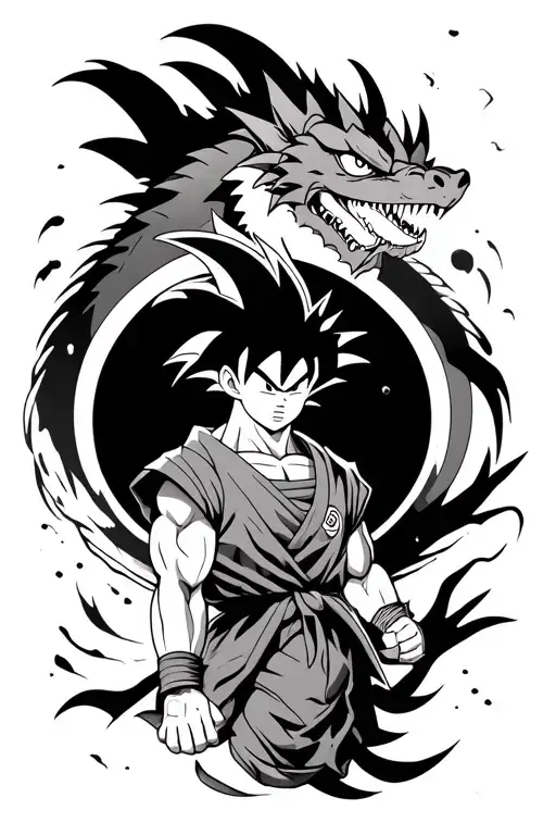 Dragonball Goku Tattoo Where Dragon Is In Circle And Goku Be In Middle And Dragonball Floating Side
