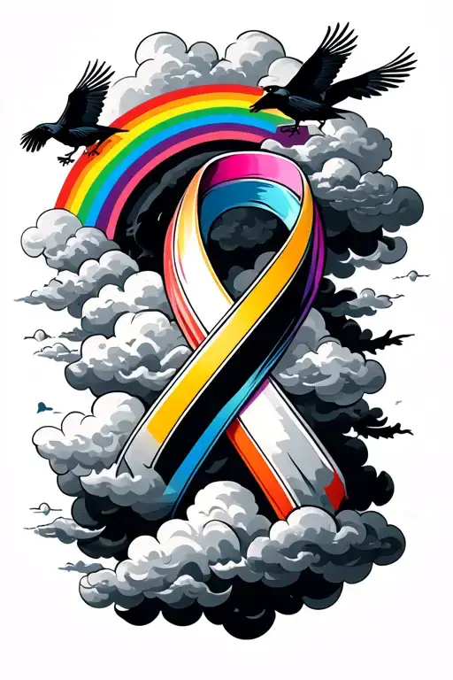 Medium Cancer Ribbon Flowing Through Clouds And A Rainbow With Crows Flying Through That Cloudy Sky