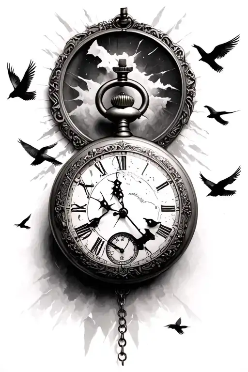Antique Pocket Watch With Broken Face With 5 Birds Flying In The Background