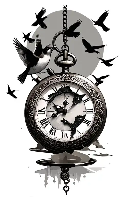 Antique Pocket Watch With Broken Face With 5 Birds Flying In The Background And Robin On Top