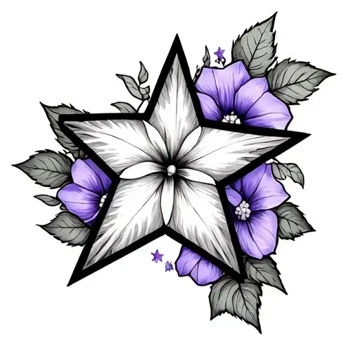 Outlined Star Tattoo Covered With Violet And Morning Glory Vine Look Realistic