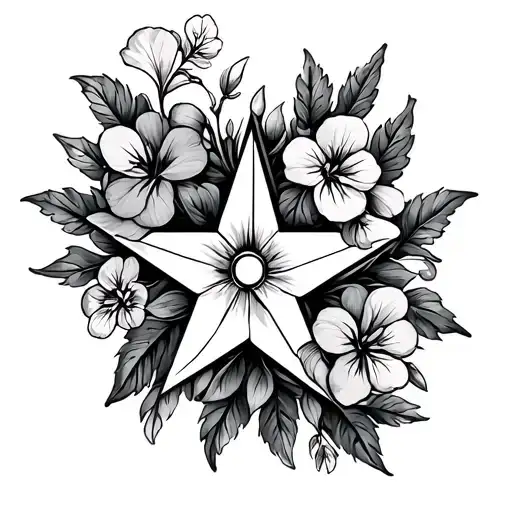 Outlined Star Tattoo With Violets And Morning Glorys Around The Outline Vine Look Realistic