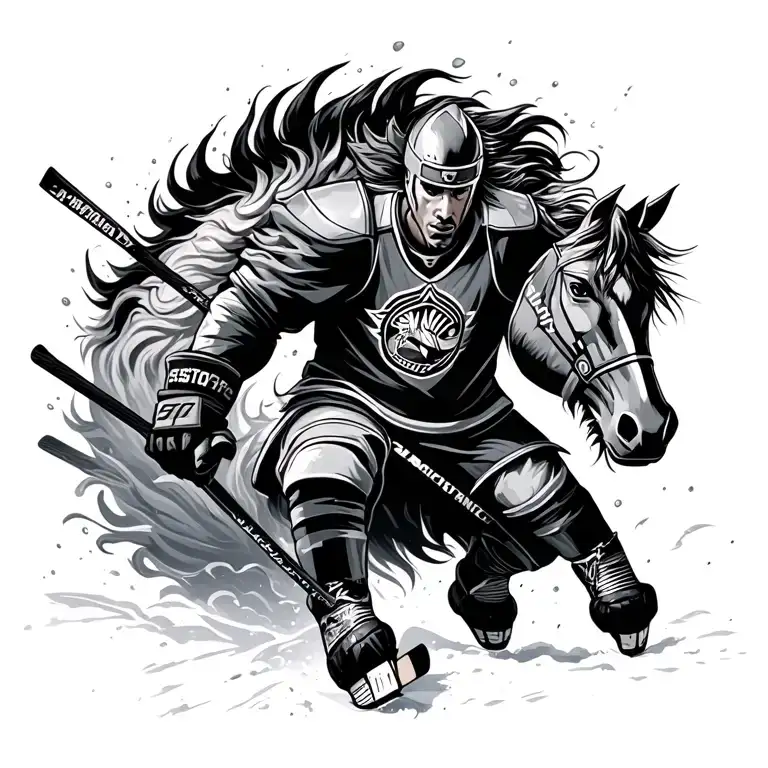 Ice Hockey Warrior Riding Wild Atallion In Cyclone In A Storm