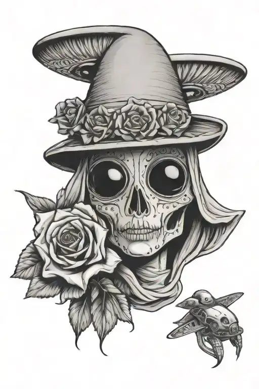 Rosa De Guadalupe As A Grey Alien With A Saucer Ufo As A Marachi Hat