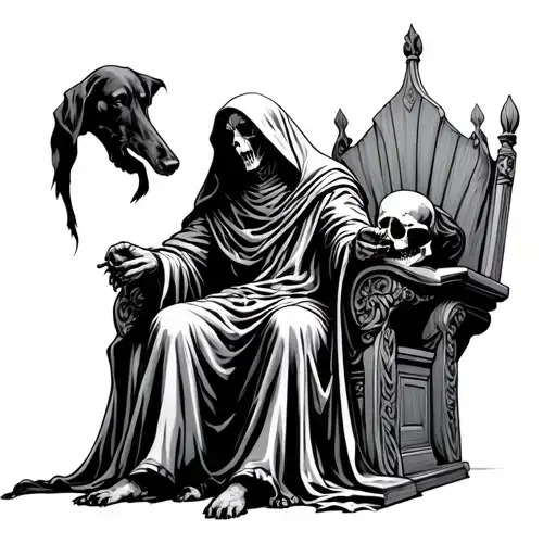 Grim Reaper Sitting On A Throne With Hellhound Eating A Skull Mostly Black Out