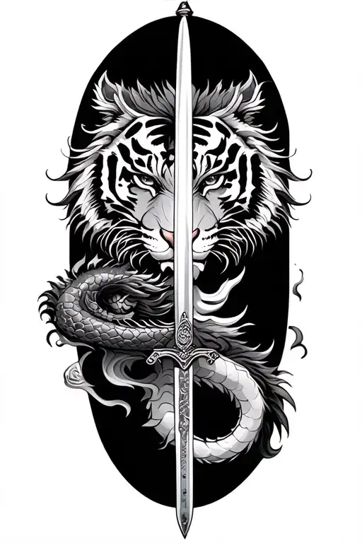 Dragon And Tiger And Katana Sword Feminine