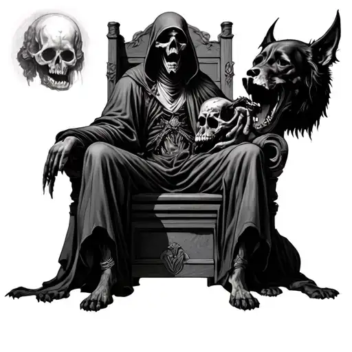 Grim Reaper Sitting On A Throne With Hellhound Eating A Skull Mostly Black Out Hyper Realistic