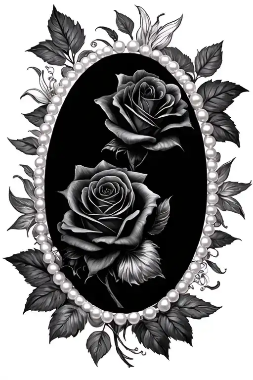 Black Roses And Lilys Surrounding Black Oval With Pearls