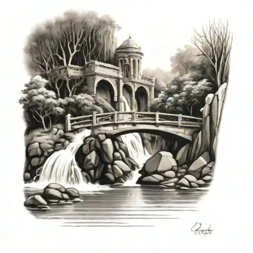 Bridge And Water Fall By Pond