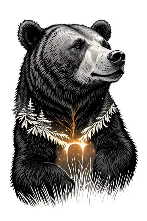 A Bear Looking To The Moon In The Forest