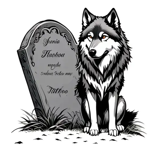 A Wolf Sitting Next To A Gravestone